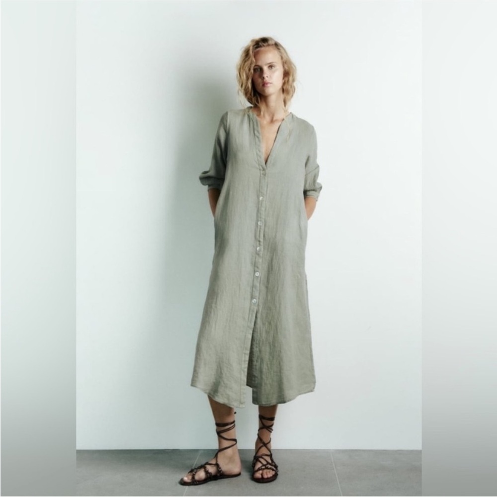Selfe Studios- Olive Linen Longsleeve Collared Button Down Maxi Shirt Dress